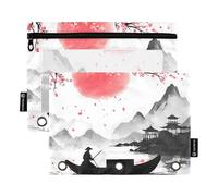 Quteprint Pencil Pouch for 3 Ring Binder, Japanese Cherry Blossoms Boat Tower 2 Pack Zipper Pencil Case with Clear Window & Reinforced Grommets for Binder, Pencil Bags Pockets Organizer for Office Sch