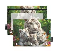 Quteprint Pencil Pouch for 3 Ring Binder, Jungle Tiger Butterfly Flower 2 Pack Zipper Pencil Case with Clear Window & Reinforced Grommets for Binder, Pencil Bags Pockets Organizer for Office School