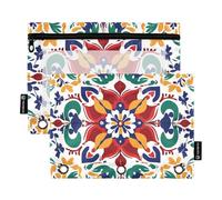 Quteprint Pencil Pouch for 3 Ring Binder, Mexican Indian Mandala 2 Pack Zipper Pencil Case with Clear Window & Reinforced Grommets for Binder, Pencil Bags Pockets Organizer for Office School