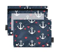 Quteprint Pencil Pouch for 3 Ring Binder, Navy Anchor Hearts 2 Pack Zipper Pencil Case with Clear Window & Reinforced Grommets for Binder, Pencil Bags Pockets Organizer for Office School
