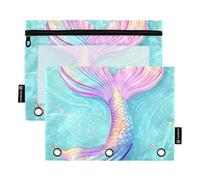 Quteprint Pencil Pouch for 3 Ring Binder, Ocean Animal Mermaid Tails 2 Pack Zipper Pencil Case with Clear Window & Reinforced Grommets for Binder, Pencil Bags Pockets Organizer for Office School