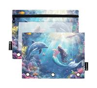Quteprint Pencil Pouch for 3 Ring Binder, Ocean Dolphin Mermaid 2 Pack Zipper Pencil Case with Clear Window & Reinforced Grommets for Binder, Pencil Bags Pockets Organizer for Office School