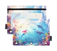 Quteprint Pencil Pouch for 3 Ring Binder, Ocean Sea Dolphin Mermaid 2 Pack Zipper Pencil Case with Clear Window & Reinforced Grommets for Binder, Pencil Bags Pockets Organizer for Office School