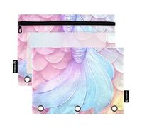 Quteprint Pencil Pouch for 3 Ring Binder, Ocean Sea Mermaid Tails 2 Pack Zipper Pencil Case with Clear Window & Reinforced Grommets for Binder, Pencil Bags Pockets Organizer for Office School