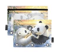 Quteprint Pencil Pouch for 3 Ring Binder, Panda Polar Bear Sunset 2 Pack Zipper Pencil Case with Clear Window & Reinforced Grommets for Binder, Pencil Bags Pockets Organizer for Office School