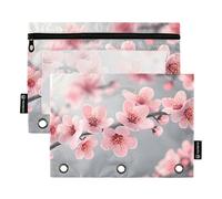 Quteprint Pencil Pouch for 3 Ring Binder, Pink Cherry Blossoms Flower Japanese 2 Pack Zipper Pencil Case with Clear Window & Reinforced Grommets for Binder, Pencil Bags Pockets Organizer for Office Sc