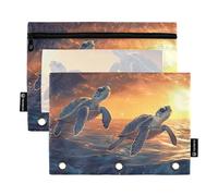 Quteprint Pencil Pouch for 3 Ring Binder, Sea Beach Turtle Sunset 2 Pack Zipper Pencil Case with Clear Window & Reinforced Grommets for Binder, Pencil Bags Pockets Organizer for Office School