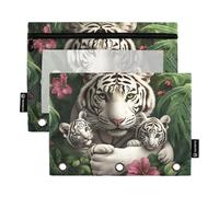 Quteprint Pencil Pouch for 3 Ring Binder, Tiger Jungle Butterfly Flowers 2 Pack Zipper Pencil Case with Clear Window & Reinforced Grommets for Binder, Pencil Bags Pockets Organizer for Office School