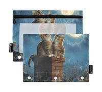 Quteprint Pencil Pouch for 3 Ring Binder, Two Cats City Moon Sky 2 Pack Zipper Pencil Case with Clear Window & Reinforced Grommets for Binder, Pencil Bags Pockets Organizer for Office School