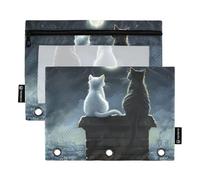 Quteprint Pencil Pouch for 3 Ring Binder, Two Cats City Moon Stras 2 Pack Zipper Pencil Case with Clear Window & Reinforced Grommets for Binder, Pencil Bags Pockets Organizer for Office School