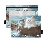 Quteprint Pencil Pouch for 3 Ring Binder, Two Cats on Ocean Ship 2 Pack Zipper Pencil Case with Clear Window & Reinforced Grommets for Binder, Pencil Bags Pockets Organizer for Office School