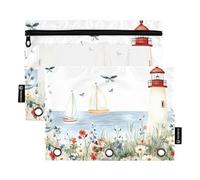 Quteprint Pencil Pouch for 3 Ring Binder, Watercolor Lighthouse Ship Flowers 2 Pack Zipper Pencil Case with Clear Window & Reinforced Grommets for Binder, Pencil Bags Pockets Organizer for Office Scho