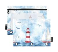 Quteprint Pencil Pouch for 3 Ring Binder, Watercolor Sailboats Lighthouse Ship 2 Pack Zipper Pencil Case with Clear Window & Reinforced Grommets for Binder, Pencil Bags Pockets Organizer for Office Sc