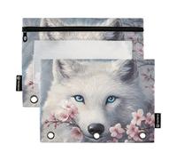 Quteprint Pencil Pouch for 3 Ring Binder, Wolf Cherry Blossoms Flower Tree 2 Pack Zipper Pencil Case with Clear Window & Reinforced Grommets for Binder, Pencil Bags Pockets Organizer for Office School