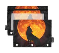 Quteprint Pencil Pouch for 3 Ring Binder, Wolf Howling at The Moon 2 Pack Zipper Pencil Case with Clear Window & Reinforced Grommets for Binder, Pencil Bags Pockets Organizer for Office School