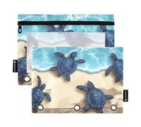 Quteprint Pencil Pouch for 3 Ring Binder, Wooden Beach Sea Turtle 2 Pack Zipper Pencil Case with Clear Window & Reinforced Grommets for Binder, Pencil Bags Pockets Organizer for Office School