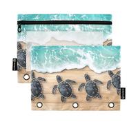 Quteprint Pencil Pouch for 3 Ring Binder, Wooden Beach Turtle 2 Pack Zipper Pencil Case with Clear Window & Reinforced Grommets for Binder, Pencil Bags Pockets Organizer for Office School