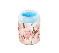 Quteprint Pink Cherry Blossom Branch Butterfly Dog Paw Cleaner Cup - Pet Foot Washer with Soft Silicone Brush, Portable Muddy Paw Cleaner for Small, Medium, Large Breed Dogs & Cats (2.56x2.56x4.53inc
