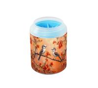 Quteprint Red Flowers Birds on Branch Dog Paw Cleaner Cup - Pet Foot Washer with Soft Silicone Brush, Portable Muddy Paw Cleaner for Small, Medium, Large Breed Dogs & Cats (2.56x2.56x4.53inch)