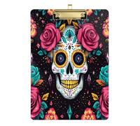 Quteprint Rose Sugar Skull Diamond Acrylic Clipboard, 9" x 12.5" Clear Scratch-Resistant Clip Board with (Gold) Metal Clip & Wall Hook - 0.25" Thick for Office Classroom Nurses Teachers Students