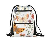 Quteprint Sport Drawstring Backpack - Colorful Butterfly Wild Flowers Breathable Mesh Gym Bag with Water Resistant Zipper Pockets, Comfortable Rope Straps for Travel Outdoor Yoga Dance Beach Swim