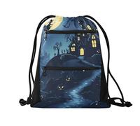 Quteprint Sport Drawstring Backpack - Happy Halloween Witch Moon Breathable Mesh Gym Bag with Water Resistant Zipper Pockets, Comfortable Rope Straps for Travel Outdoor Yoga Dance Beach Swim