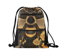 Quteprint Sport Drawstring Backpack - Honey Bee Daisy Flowers Breathable Mesh Gym Bag with Water Resistant Zipper Pockets, Comfortable Rope Straps for Travel Outdoor Yoga Dance Beach Swim