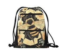 Quteprint Sport Drawstring Backpack - Honey Bee Flowers Hexagons Breathable Mesh Gym Bag with Water Resistant Zipper Pockets, Comfortable Rope Straps for Travel Outdoor Yoga Dance Beach Swim