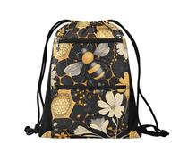 Quteprint Sport Drawstring Backpack - Honeycomb Bee Flowers Breathable Mesh Gym Bag with Water Resistant Zipper Pockets, Comfortable Rope Straps for Travel Outdoor Yoga Dance Beach Swim