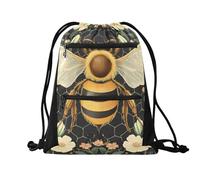 Quteprint Sport Drawstring Backpack - Honeycomb Bee Spring Flowers Breathable Mesh Gym Bag with Water Resistant Zipper Pockets, Comfortable Rope Straps for Travel Outdoor Yoga Dance Beach Swim