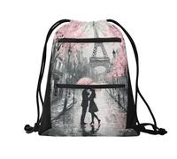Quteprint Sport Drawstring Backpack - Paris Towel Cherry Blossom Flower Breathable Mesh Gym Bag with Water Resistant Zipper Pockets, Comfortable Rope Straps for Travel Outdoor Yoga Dance Beach Swim