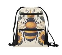 Quteprint Sport Drawstring Backpack - Summer Bee Crown Sunflowers Breathable Mesh Gym Bag with Water Resistant Zipper Pockets, Comfortable Rope Straps for Travel Outdoor Yoga Dance Beach Swim