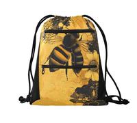 Quteprint Sport Drawstring Backpack - Summer Bee Flower Honeycomb Breathable Mesh Gym Bag with Water Resistant Zipper Pockets, Comfortable Rope Straps for Travel Outdoor Yoga Dance Beach Swim