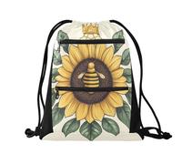 Quteprint Sport Drawstring Backpack - Summer Bee Sunflower Crown Breathable Mesh Gym Bag with Water Resistant Zipper Pockets, Comfortable Rope Straps for Travel Outdoor Yoga Dance Beach Swim