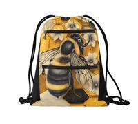 Quteprint Sport Drawstring Backpack - Summer Flowers Bee Honeycomb Breathable Mesh Gym Bag with Water Resistant Zipper Pockets, Comfortable Rope Straps for Travel Outdoor Yoga Dance Beach Swim