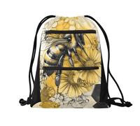 Quteprint Sport Drawstring Backpack - Summer Honeycomb Bee Flower Breathable Mesh Gym Bag with Water Resistant Zipper Pockets, Comfortable Rope Straps for Travel Outdoor Yoga Dance Beach Swim