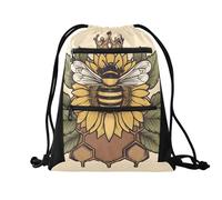 Quteprint Sport Drawstring Backpack - Summer Sunflower Crown Bee Breathable Mesh Gym Bag with Water Resistant Zipper Pockets, Comfortable Rope Straps for Travel Outdoor Yoga Dance Beach Swim
