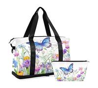 Quteprint Sports Gym Bag for Men Women, Butterfly Wild Flowers Travel Duffel Bag with Foldable Shoe Compartment, Boys Girls Yoga Weekend Overnight Bag, Tote Bag for Workout, Hospital Bag, Multi, one,