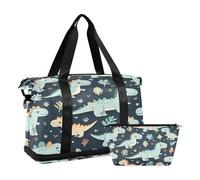 Quteprint Sports Gym Bag for Men Women, Cartoon Dino Dinosaur Leaves Travel Duffel Bag with Foldable Shoe Compartment, Boys Girls Yoga Weekend Overnight Bag, Tote Bag for Workout, Hospital Bag,