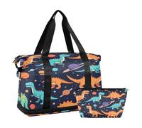 Quteprint Sports Gym Bag for Men Women, Cartoons Dinosaur in Space Travel Duffel Bag with Foldable Shoe Compartment, Boys Girls Yoga Weekend Overnight Bag, Tote Bag for Workout, Hospital Bag, Multi,