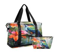 Quteprint Sports Gym Bag for Men Women, Exotic Floral Jungle Hummingbird Travel Duffel Bag with Foldable Shoe Compartment, Boys Girls Yoga Weekend Overnight Bag, Tote Bag for Workout, Hospital Bag,