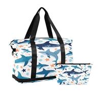 Quteprint Sports Gym Bag for Men Women, Marine Sea Dolphins Sharks Travel Duffel Bag with Foldable Shoe Compartment, Boys Girls Yoga Weekend Overnight Bag, Tote Bag for Workout, Hospital Bag, Multi,