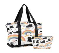Quteprint Sports Gym Bag for Men Women, Rainbows Black Cats Star Travel Duffel Bag with Foldable Shoe Compartment, Boys Girls Yoga Weekend Overnight Bag, Tote Bag for Workout, Hospital Bag, Multi, One