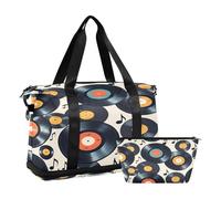 Quteprint Sports Gym Bag for Men Women, Retro Cd Musical Notes Travel Duffel Bag with Foldable Shoe Compartment, Boys Girls Yoga Weekend Overnight Bag, Tote Bag for Workout, Hospital Bag, Multi, One