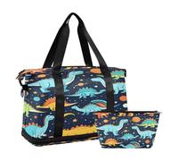 Quteprint Sports Gym Bag for Men Women, Space Stars Cute Dinosaur Travel Duffel Bag with Foldable Shoe Compartment, Boys Girls Yoga Weekend Overnight Bag, Tote Bag for Workout, Hospital Bag, Multi,