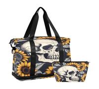 Quteprint Sports Gym Bag for Men Women, Sunflower Vintage Sugar Skull Travel Duffel Bag with Foldable Shoe Compartment, Boys Girls Yoga Weekend Overnight Bag, Tote Bag for Workout, Hospital Bag,