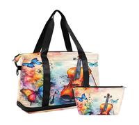 Quteprint Sports Gym Bag for Men Women, Violin Music Notes Butterfly Travel Duffel Bag with Foldable Shoe Compartment, Boys Girls Yoga Weekend Overnight Bag, Tote Bag for Workout, Hospital Bag,