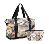 Quteprint Sports Gym Bag for Men Women, Watercolor Wild Flowers Cat Travel Duffel Bag with Foldable Shoe Compartment, Boys Girls Yoga Weekend Overnight Bag, Tote Bag for Workout, Hospital Bag, Multi,