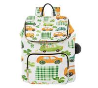 Quteprint St. Patricks Shamrock Stripe Cars Quilted Backpack for Women - 15L Lightweight Ladies Bag with Laptop Sleeve, Multiple Pockets, Trendy Shoulder Bags for College, Travel, Work & Daily Use