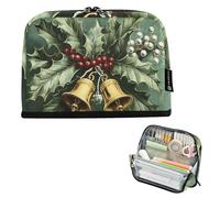 Quteprint Standing Pencil Case - Christmas Bells Holly Leaves Pencil Bag Stationery Pouch, Portable Makeup Cosmetics Bag, Desk Organizer for School, Office, Students Teens Boys & Girls